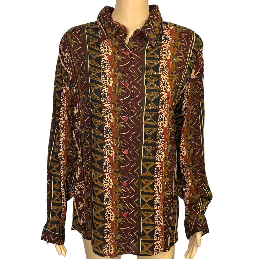 VTG Jane Ashley‎ Womens M Beaded Brown Floral Button Up Long Sleeve Blouse Shirt